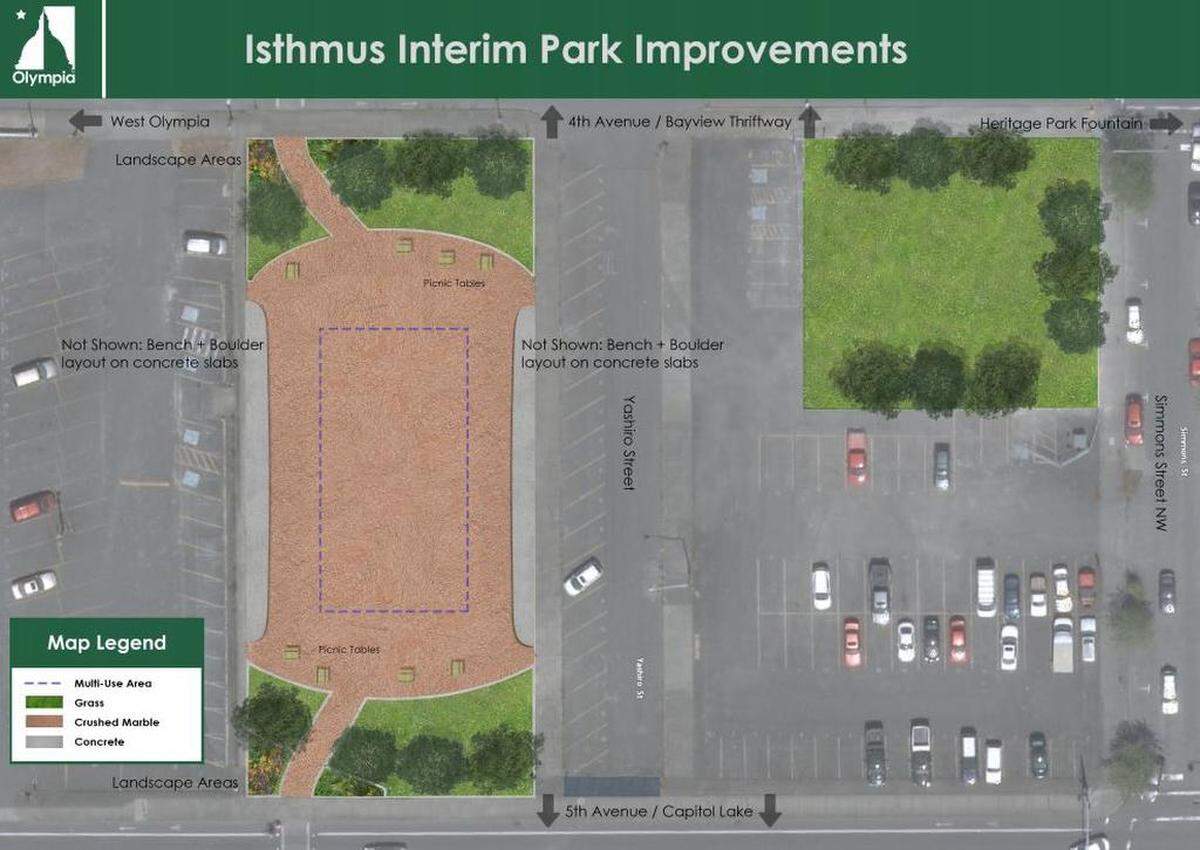 Plans call for replacing the building foundations with a crushed marble surface, plus picnic tables, benches, some grass and landscaping.