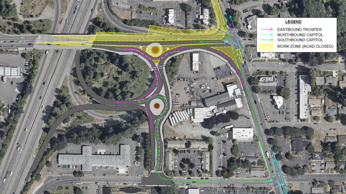 Work crews closed the northbound Interstate 5 on-ramp at exit 102 on Trosper Road Southwest in Tumwater from January to April 2024 to build a new roundabout.