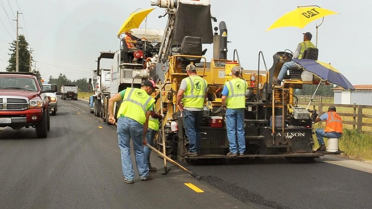 A Lakeside Industries' work crew begins their resurfacing project along Old Highway 99 near the City limits of Tenino June 1st as they move west towards Violet Prairie Road.
