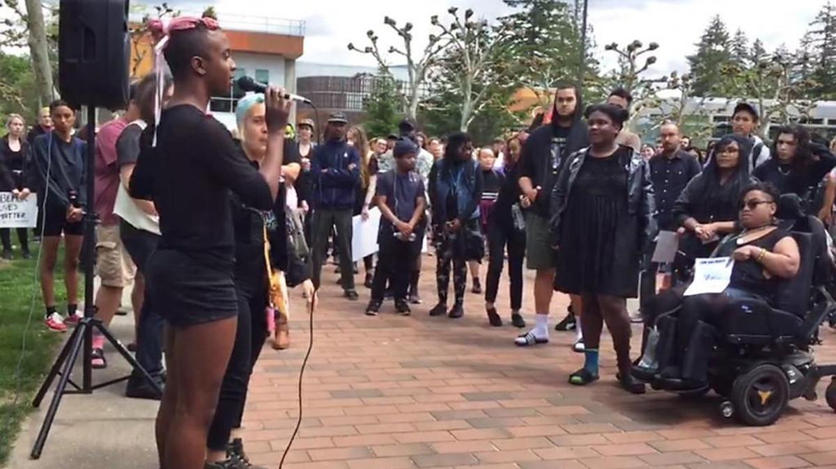 Students gather in Red Square for a protest on May 24 at The Evergreen State College in Olympia. Organizers say they were protesting institutional racism at the school, and it was one of several race-fueled protests on the campus during 2017.