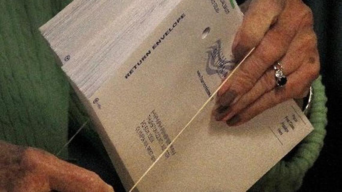 Elections workers sort processed ballot mailers at the Thurston County Elections Shop.