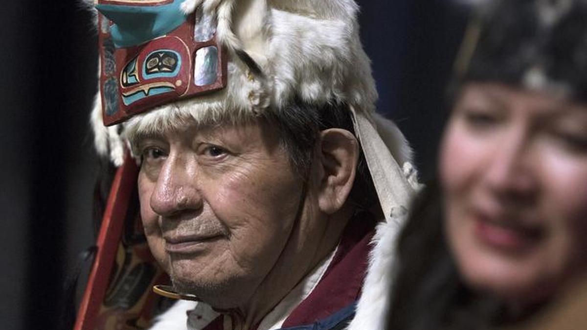 John Williams, a Tlingit Tribal elder from Hoonah, Alaska, waits backstage before his performance with the Alaska Kuteeyaa Dancers on Sagturday during the City of Lacey's annual Ethnic Celebration at Saint Martin's University.
