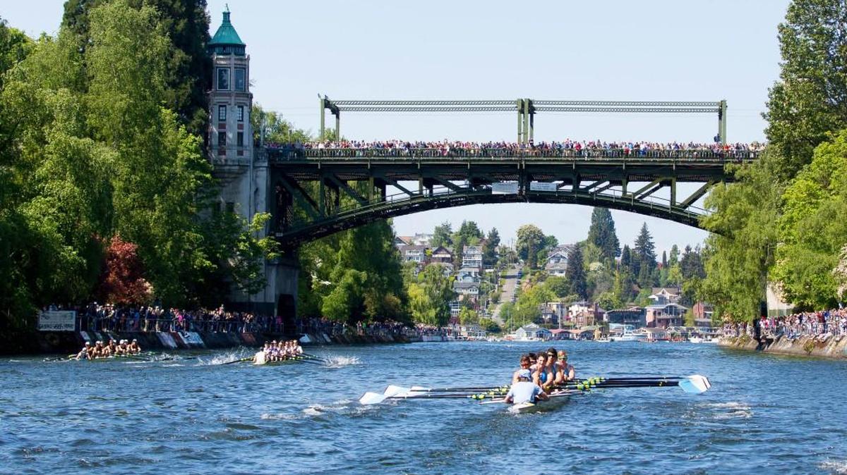 Rowers paddle through the Montlake Cut in Seattle on May 2 during the 2015 Windermere Cup.