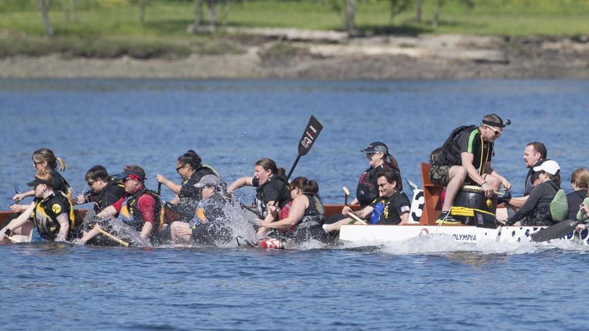 Rowers from team Bridge City Blitz Gold tumble into Puget Sound after a collision with the Wasabi Fury boat, which lost control and veered out of its lane during a race at the Saint Martin’s University Dragon Boat Festival on Budd Inlet at Olympia Port Plaza on Saturday. Everyone was pulled to safety. No injuries were reported. “We deserve the good sportsmanship award. It’s all smiles,” said soaked Blitz City rower Logan Gore of Portland.