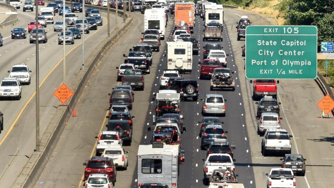 Traffic on Interstate 5 in Olympia in July. Transportation officials are urging drivers to plan ahead going into the busy Labor Day weekend.