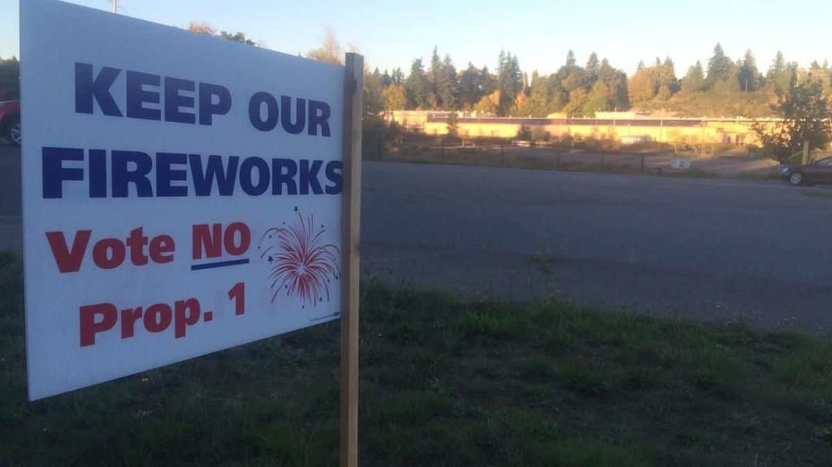This sign, which urges voters to reject a proposed fireworks ban, is located at the intersection of Capitol Boulevard and E Street in Tumwater.