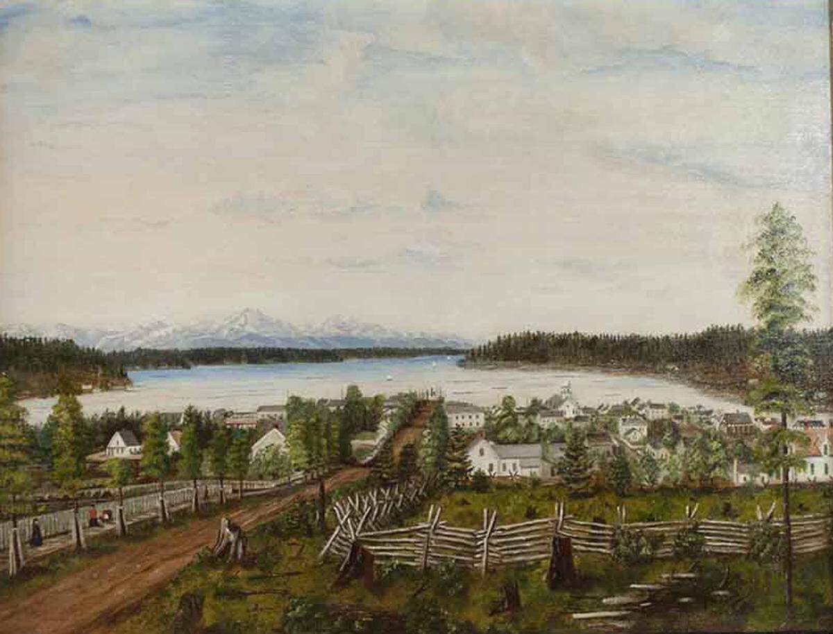 College-educated Emily Richardson married Unitarian pastor John Calvin Kimball in 1860 and accompanied him to Olympia, Washington Territory in 1872. In 1873, she painted this image of the city, looking north on Main Street (Capitol Way) from around 10th Avenue (about three blocks south of the then-Unitarian church).