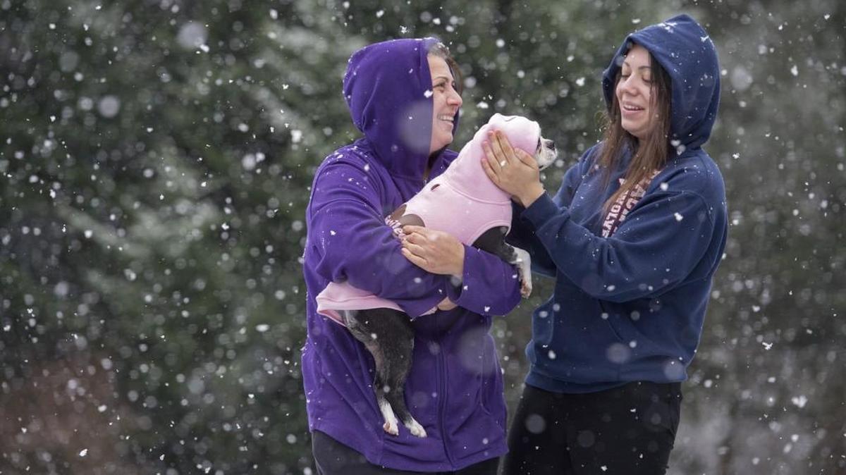 Helena Valandra and her daughter, Kira Valandra, walk in the snowfall with the family dog, Atari, on Tumwater Hill on Sunday, Jan. 3, 2016. Kira, a Black Hills High graduate, is home for the holiday vacation from Western Washington University in Bellingham.