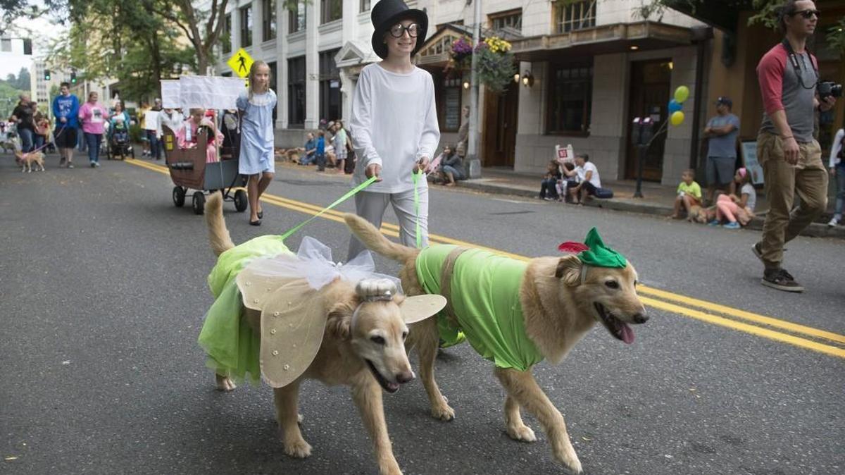 Natalie Gantenbein, 10, of Olympia walks golden retrievers Daisy and Dash with her family's Peter Pan-themed entry in the 88th annual Pet Parade in downtown Olympia on Saturday. Following her are sisters Maris Gantenbein, 12, and Eliza Gantenbein, 7.