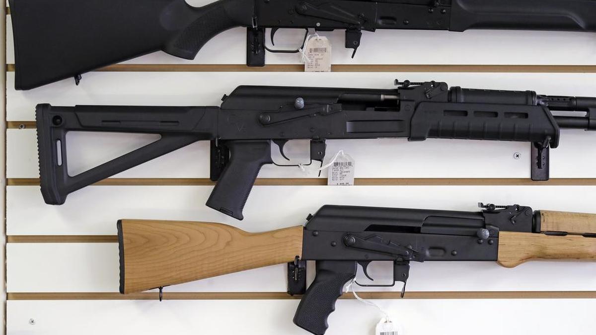 Semi-automatic rifles are displayed on a wall at a gun shop in Lynnwood, Washington, in this October 2018 file photo.