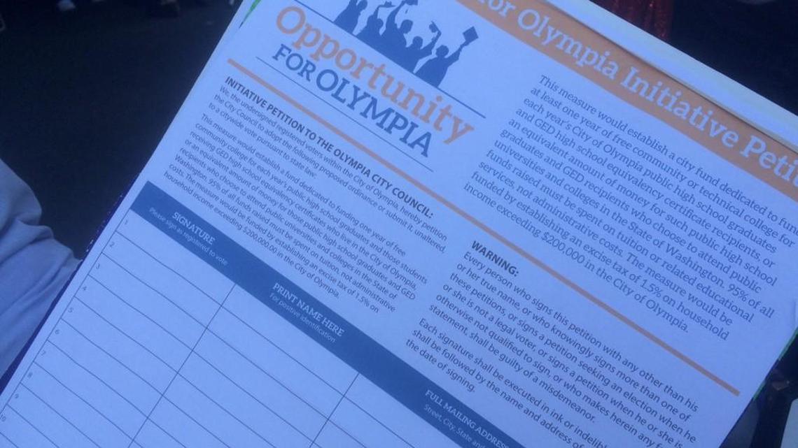 A petition is circulating for a new law that would tax Olympia’s wealthiest households and generate college tuition money for all local high school graduates.