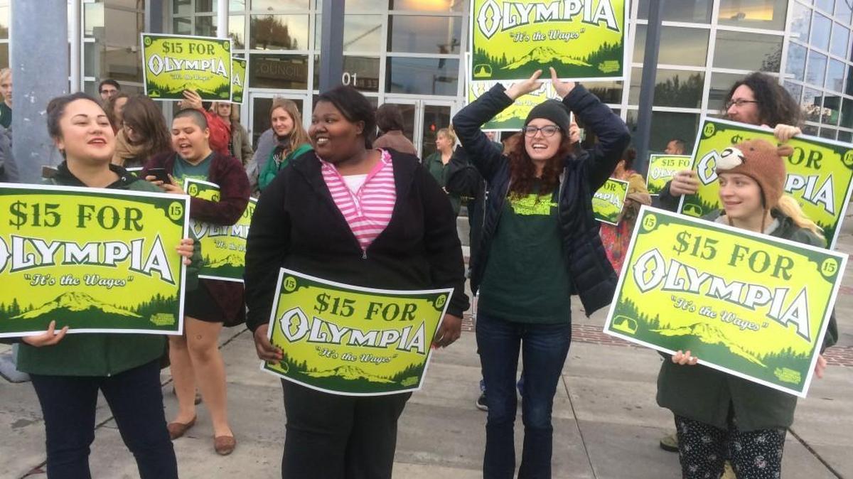 Working Washington supporters led a demonstration Tuesday evening outside City Hall, then packed council chambers for a discussion about a $15 minimum wage in Olympia.