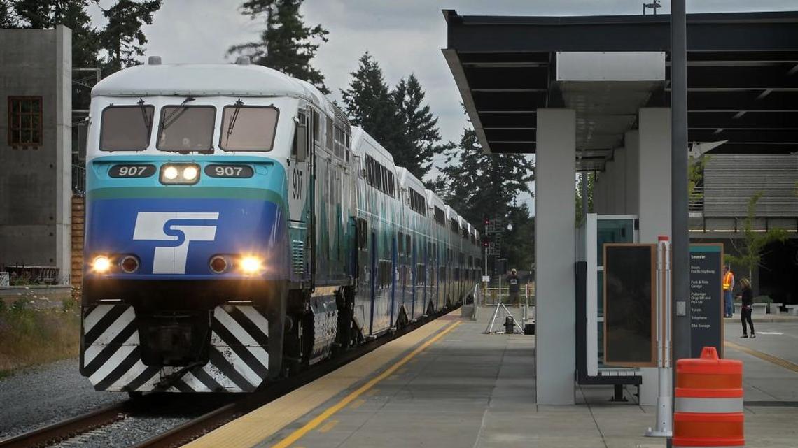 A Sounder train arrives at the Lakewood Sounder Station in this photo from August 2012.
