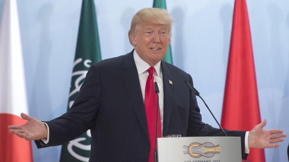 United States President Donald Trump speaks on Saturday, July 8, 2017 in Hamburg, Germany.
