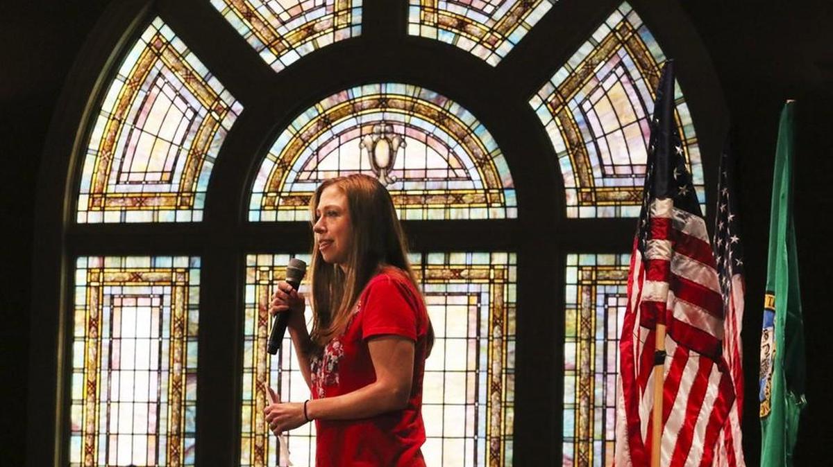 Chelsea Clinton rallies support for her mother, Hillary Clinton, and other Democrats on Washington state ballots, at a packed house at Town Hall in Seattle on Saturday.