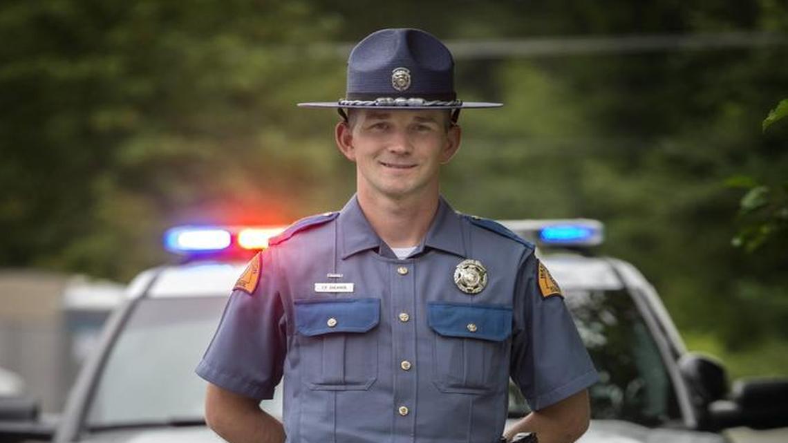 Washington State Trooper Travis Shearer shows off a new uniform that he is testing at work in Marysville.