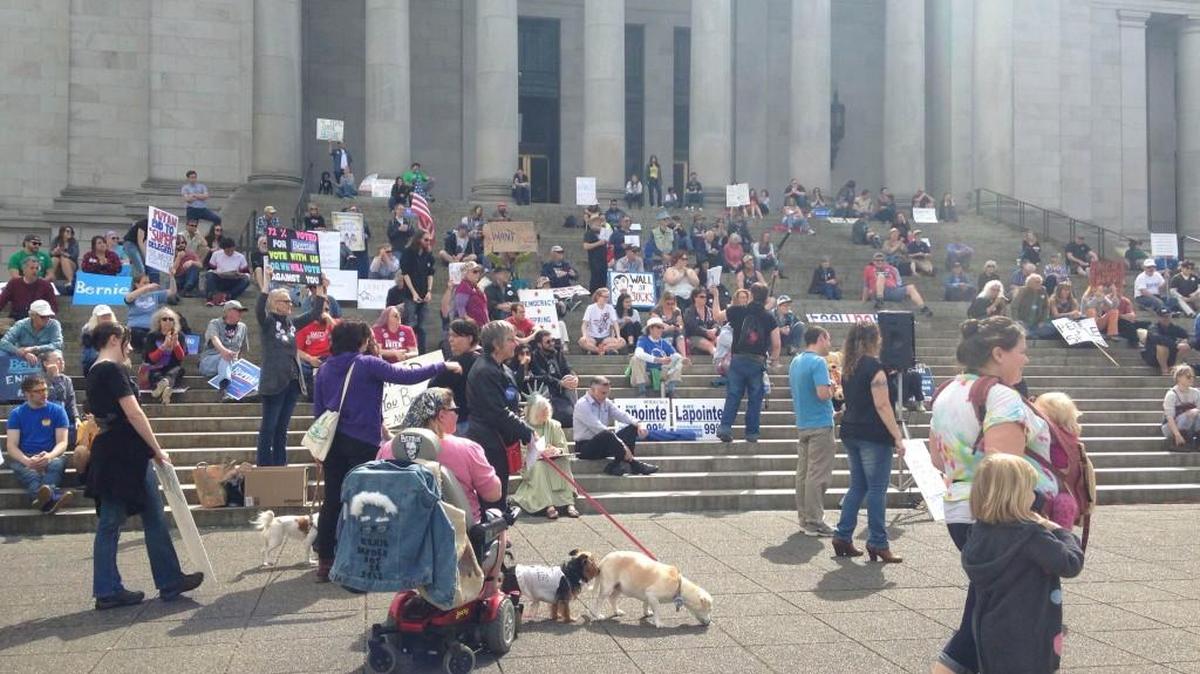 Hundreds gathered on the state Capitol steps to show their support for Sen. Bernie Sanders, and to express their dissatisfaction with Washington’s superdelegates on Saturday.