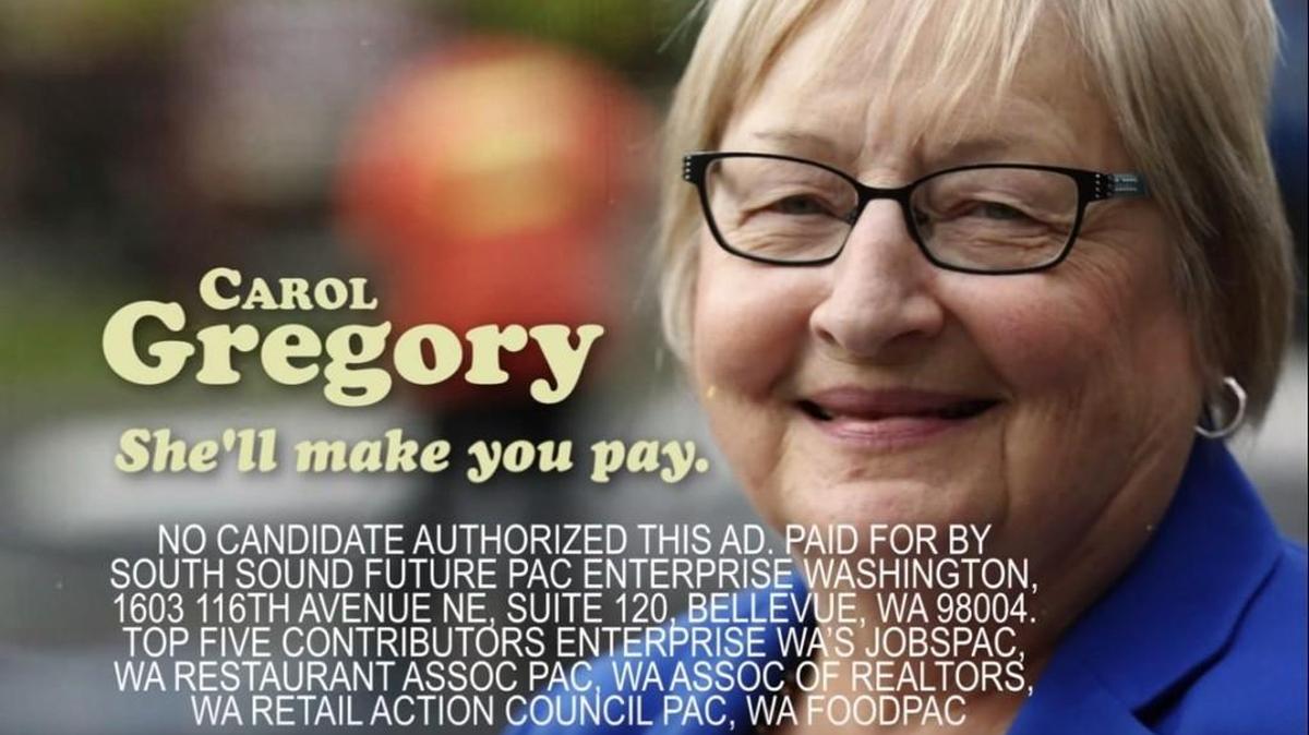 
This television ad running in the 30th Legislative District accuses Democratic Rep. Carol Gregory of supporting a state income tax, which she denies.
