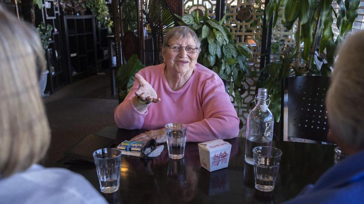 Wanda Riley, 85, enjoys her monthly lunch with her friends last month at the Thai Garden Restaurant in Olympia. Riley retired from a state government job and says that without a state subsidy she and other retirees receive to help pay for her health- insurance premiums, she would have to cut back on expenses, such as going out to eat.