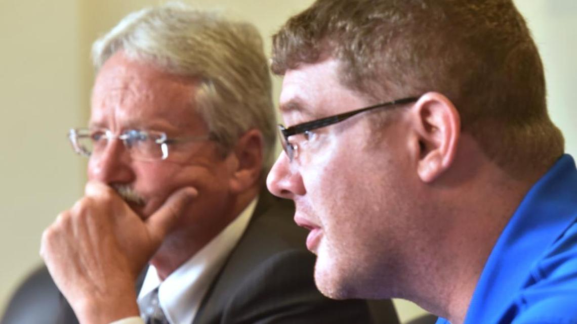 Thurston County Commissioner District No. 1 candidates John Hutchings (left) and Jim Cooper are interviewed Sept. 22 by The Olympian’s editorial board. Both candidates say they’re upset about an anti-Cooper robocall that was paid for by a political committee.