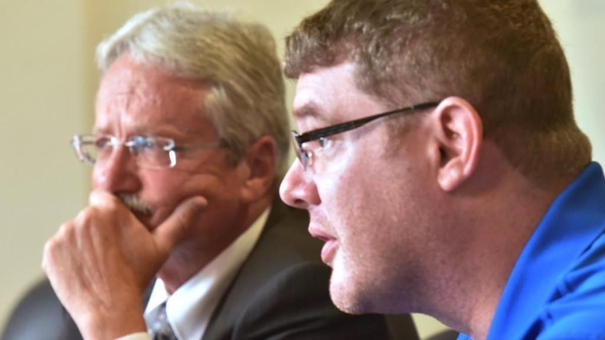 Thurston County Commissioner District No. 1 candidates John Hutchings (left) and Jim Cooper are interviewed Sept. 22 by The Olympian’s editorial board.