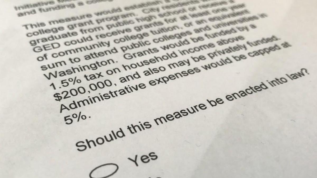 The ballot language for Initiative 1 states that "this measure would establish a City of Olympia college grant program. City residents who graduate from public high school or receive a GED could receive grants for at least one year of community college tuition, or an equivalent sum to attend public colleges and universities in Washington. Grants would be funded by a 1.5 percent tax on household income above $200,000 and also may be privately funded. Administrative expenses would be capped at 5 percent."