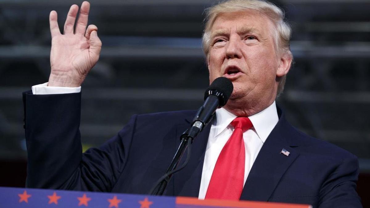 Republican presidential candidate Donald Trump speaks during a campaign rally Monday in Ambridge, Pennsylvania.