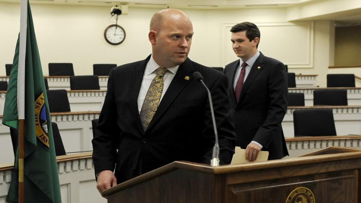 Republican Reps. Drew MacEwen, left, and Drew Stokesbary, shown here at a May 12 press conference in Olympia, announced a resolution for drafting impeachment articles against state Auditor Troy Kelley on Monday.