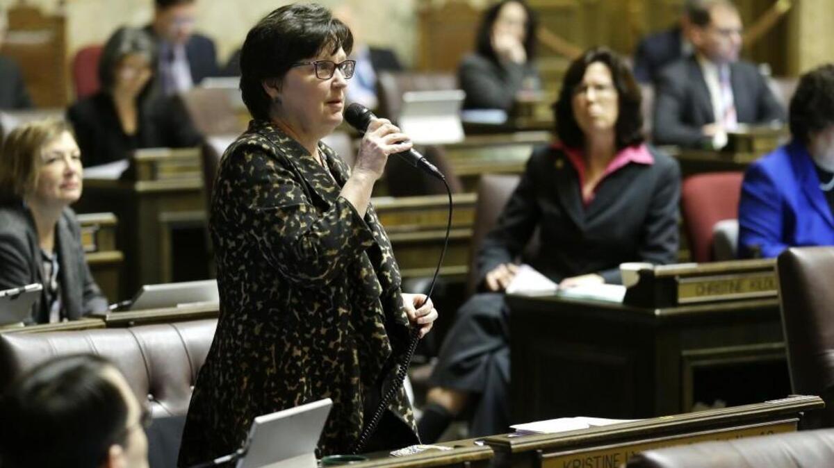 Rep. Kristine Lytton, D-Anacortes, left, speaks on the House floor Wednesday, Feb. 22, 2017, during debate over education funding at the Capitol in Olympia, Wash. The House approved its education funding proposal Wednesday, just weeks after the Republican-led Senate passed its own plan. Both sides will now need to negotiate a final compromise. Lawmakers are working to comply with a 2012 state Supreme Court ruling that they must fully fund the state's basic education system.