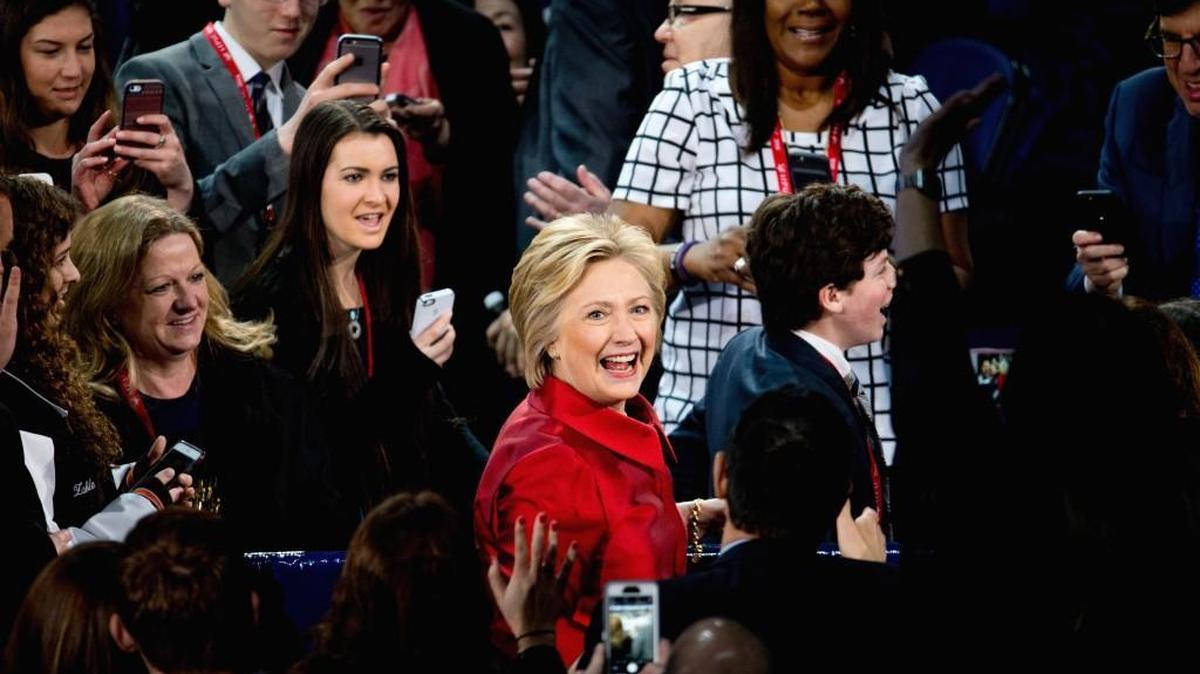 Democratic presidential candidate Hillary Clinton greets members of the audience at the 2016 American Israel Public Affairs Committee (AIPAC) Policy Conference, Monday, March 21, 2016, at the Verizon Center in Washington, D.C.