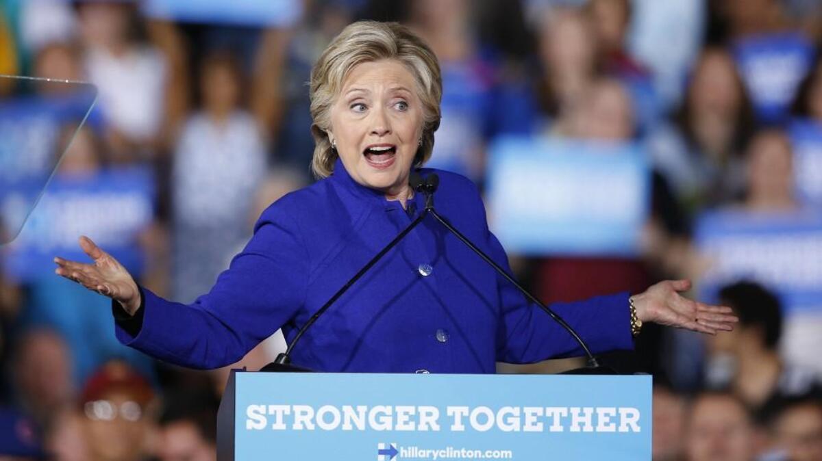 Democratic presidential candidate Hillary Clinton speaks at a campaign rally Wednesday, Nov. 2 in Tempe, Ariz.