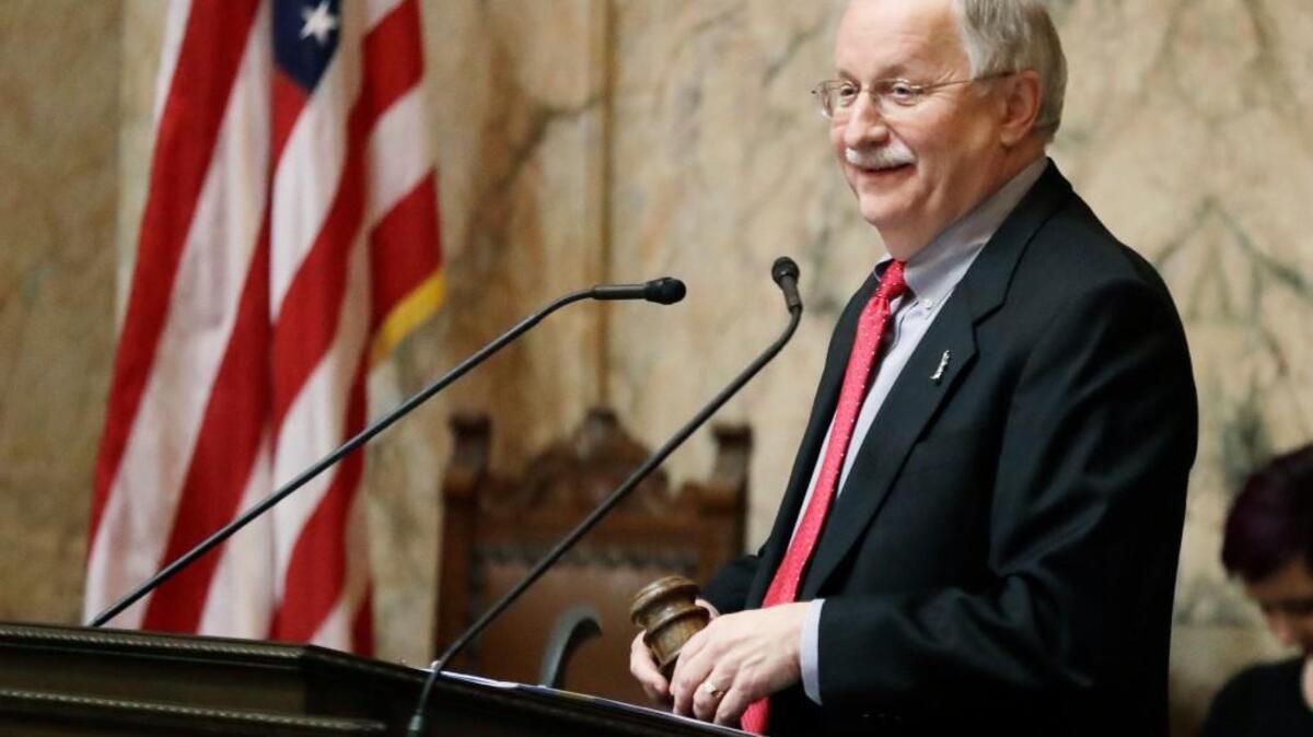 House Speaker Frank Chopp, D-Seattle, smiles as he holds the gavel while presiding over the House, Monday, Jan. 8, 2018, in Olympia, Wash., on the first day of the 2018 legislative session. 