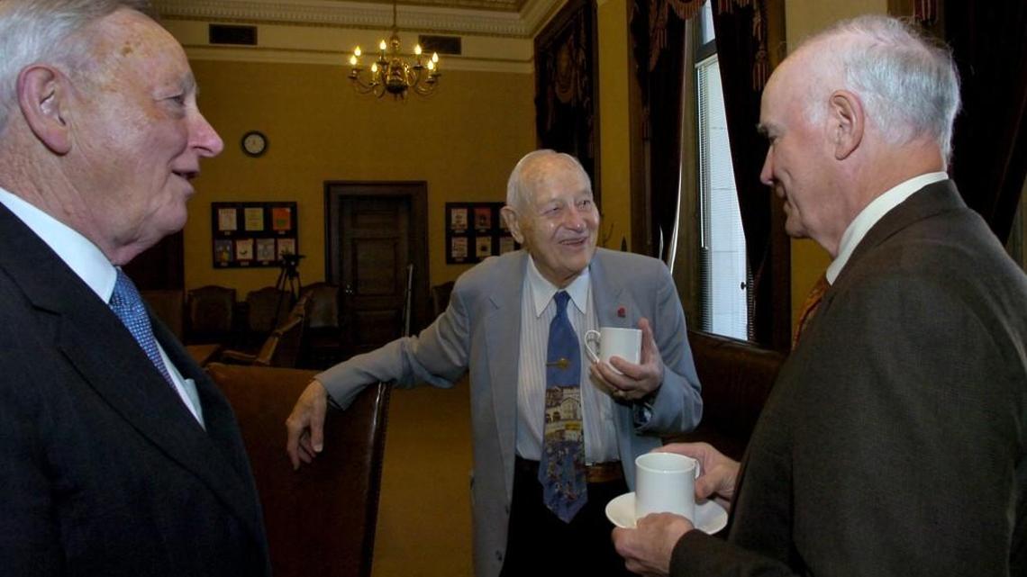 Staff file: Former Washington state governors John Spellman, Al Rosellini and Dan Evans (L-R) catch-up with each other before their "Living Governors Lunch" Thursday, May 11, 2007, at the Governor’s Mansion.