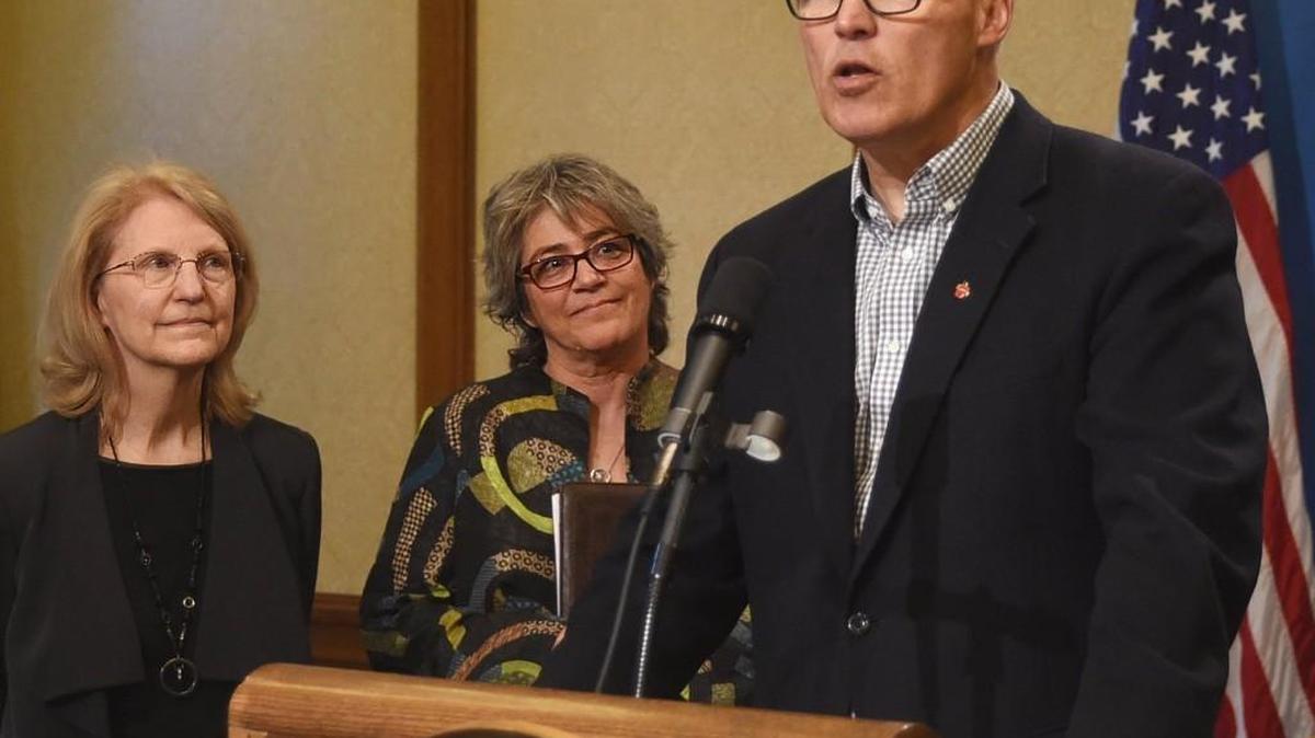 At an April 12th press conference Gov. Jay Inslee along with Dept. of Social and Health Services' Secretary Pat Lashway (left) introduces Cheryl Strange, the new CEO of Western State Hospital.