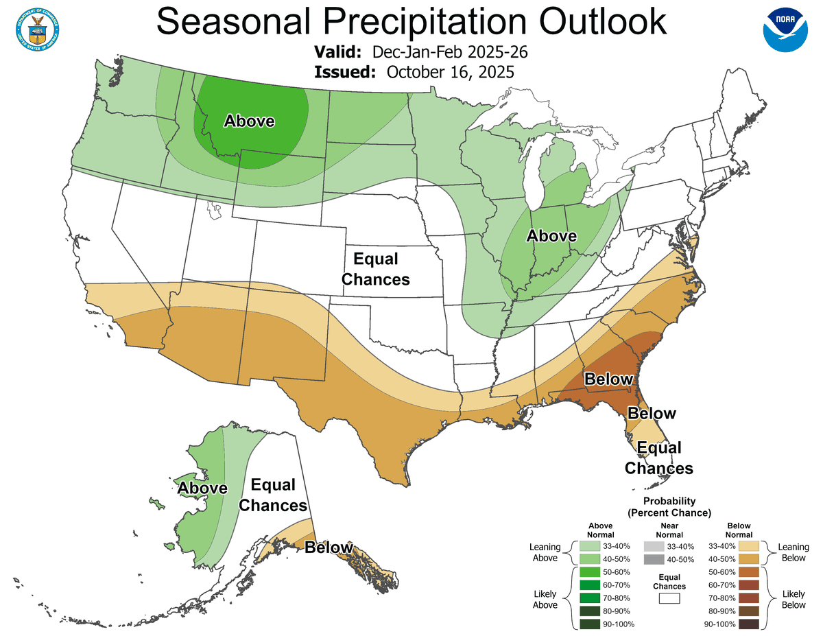 NOAA released seasonal temperature and precipitation outlooks for December, January and February 2025-26.
