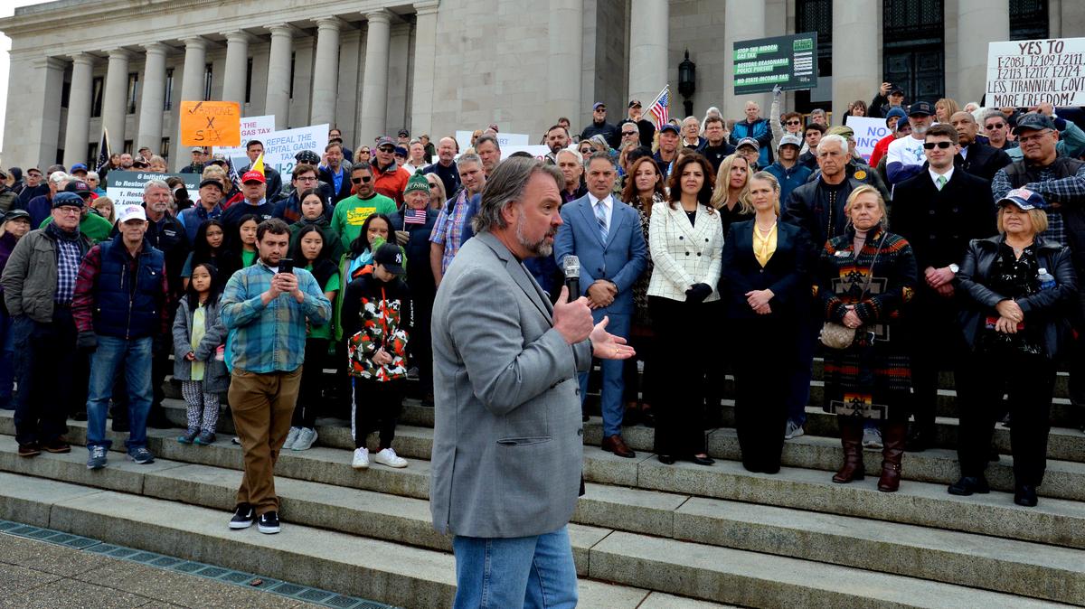 Brian Heywood speaks at a rally in favor of a slate of conservative initiatives in this February file photo.