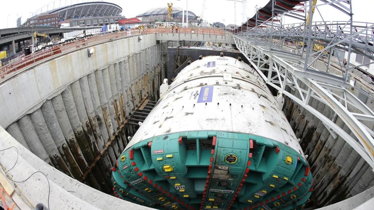 
Bertha, the massive tunnel-boring machine being used to drill a two-mile tunnel in Seattle, is shown in July 2013. 
