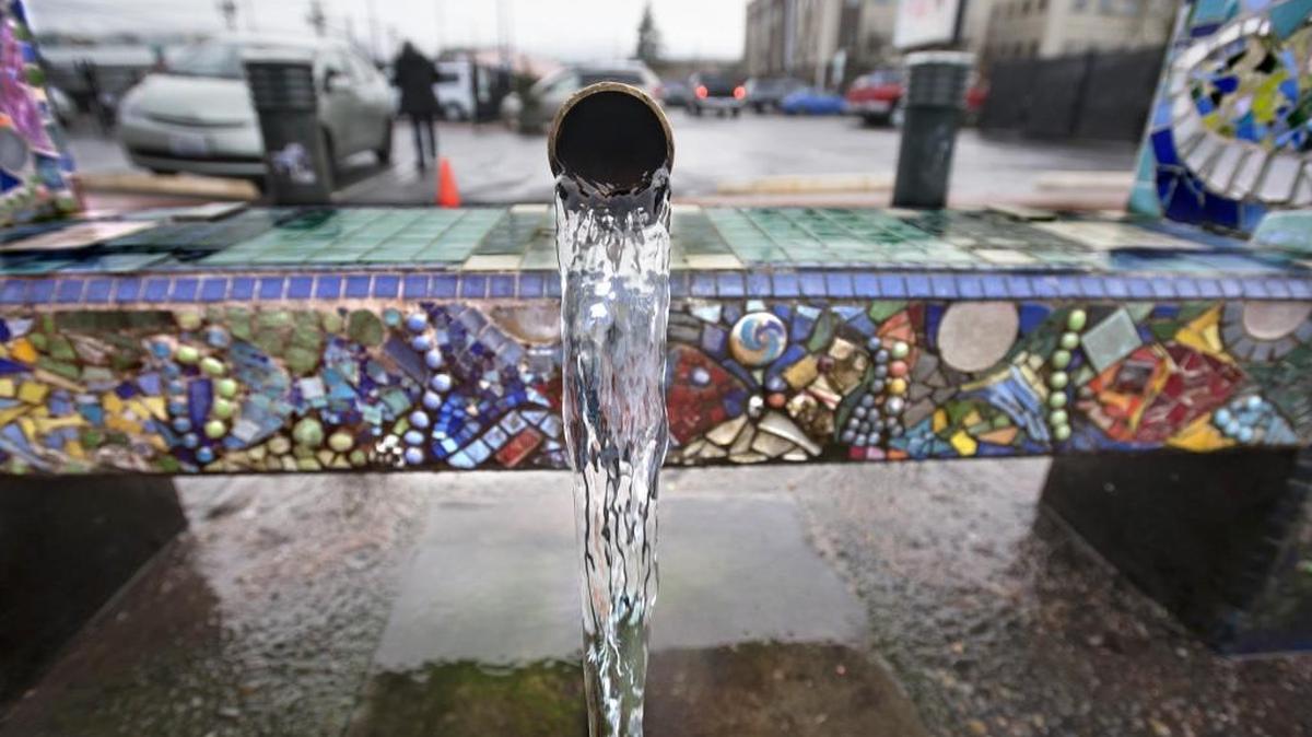 Crystal clear water flows from the artesian well at the Artesian Commons in downtown Olympia on Jan. 10.