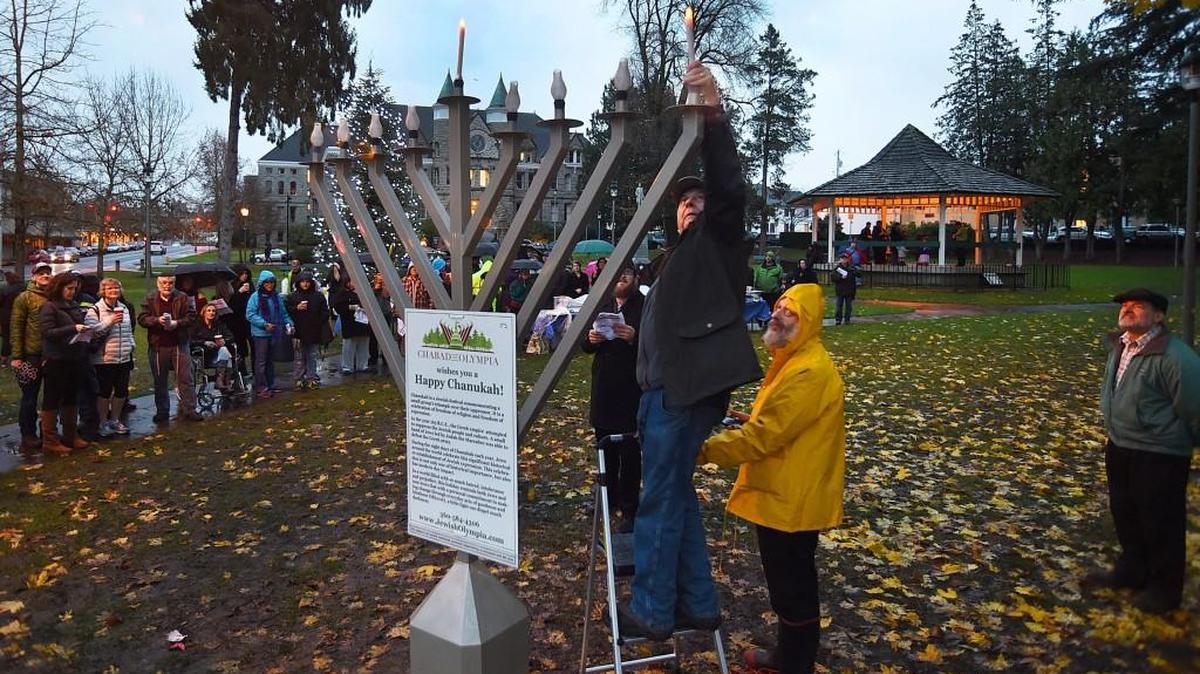 Hosted by the Chabad Jewish Discovery Center of Tumwater, a 9-foot menorah is lighted in Sylvester Park as part of the annual Menorah Lighting In the Park celebration. The celebration is 5-8 p.m. Dec. 26 at Sylvester Park in downtown Olympia, followed by a party at the Governor’s Hotel.