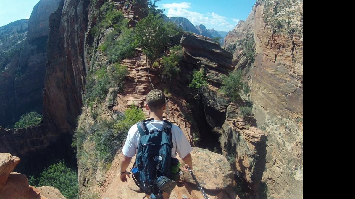 
Brian Devereux of Puyallup hikes the narrow ridge to the summit of Angels Landing in Utah’s Zion National Park in 2012.
