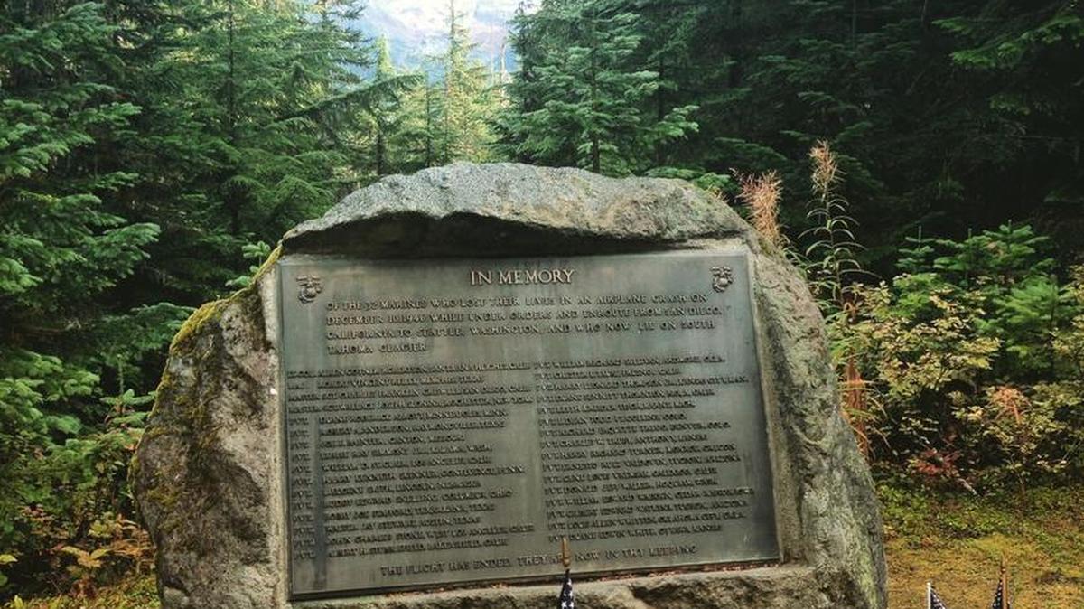 A marine aircraft crashed into the South Tahoma Glacier on Mount Rainier in 1946, killing 32 men. A memorial in their honor sits along a section of Westside Road that’s closed to vehicles.