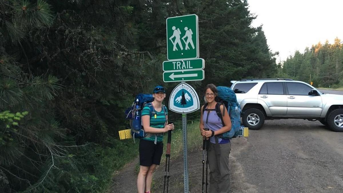 Ashley Gregg, left, of Port Orchard, and Melissa Ashton of Spanaway prepare to start their 25-day Pacific Crest Trail hike through Oregon.