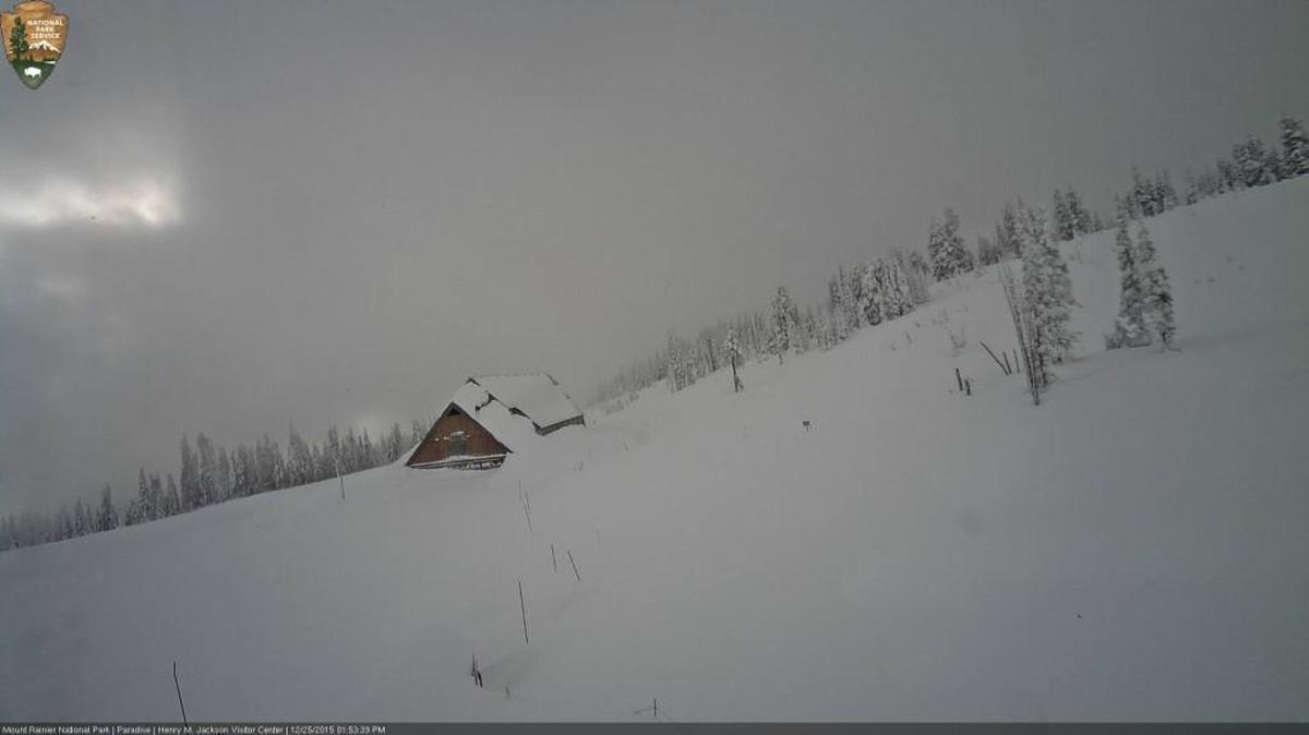 More than 125 inches of snow blanket the ground at Paradise in Mount Rainier National Park. This is a shot taken from a webcam Friday morning.