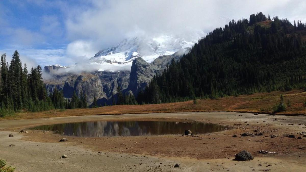 
Aurora Peak is the green lump above Aurora Lake as viewed from Klapatche Park. Mount Rainier often makes an appearance. 
