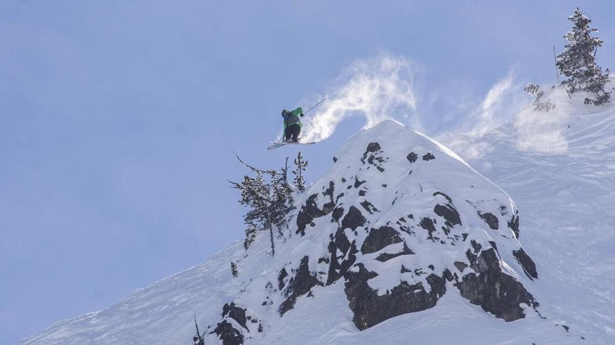After hucking off a rock, a skier falls during his run in the finals of a Freeride World Tour qualifier competition held on Silver King at Crystal Mountain last March.