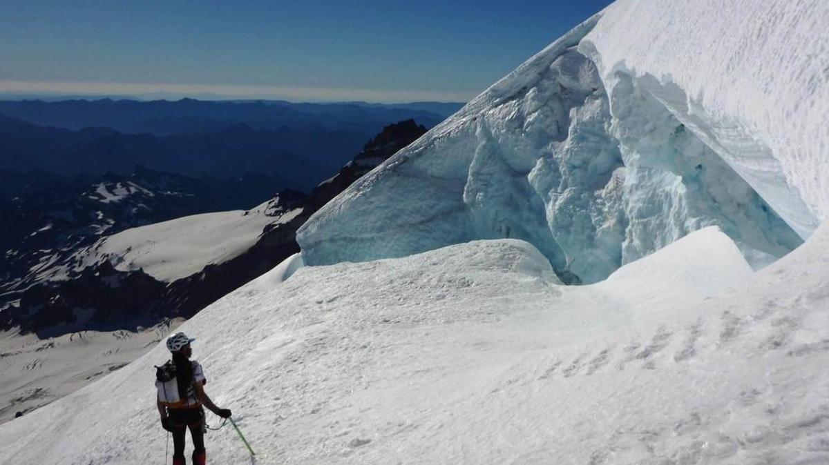 Ras Vaughn navigates the tricky upper slopes of Mount Rainier during a late July trip that where he and Gavin Woody climbed Rainier twice and ran the Wonderland Trail. They finished the Infinity Loop in 99 hours, 7 minutes.