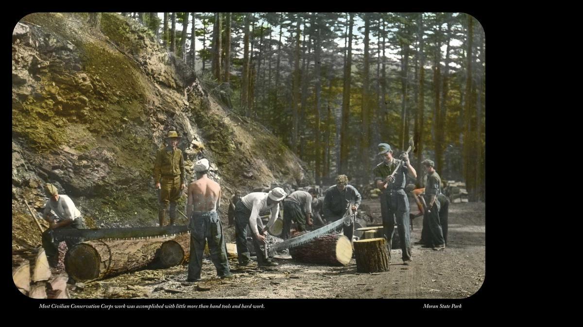 
This hand-colored photo shows Civilian Conservation Corps members working in Moran State Park.
