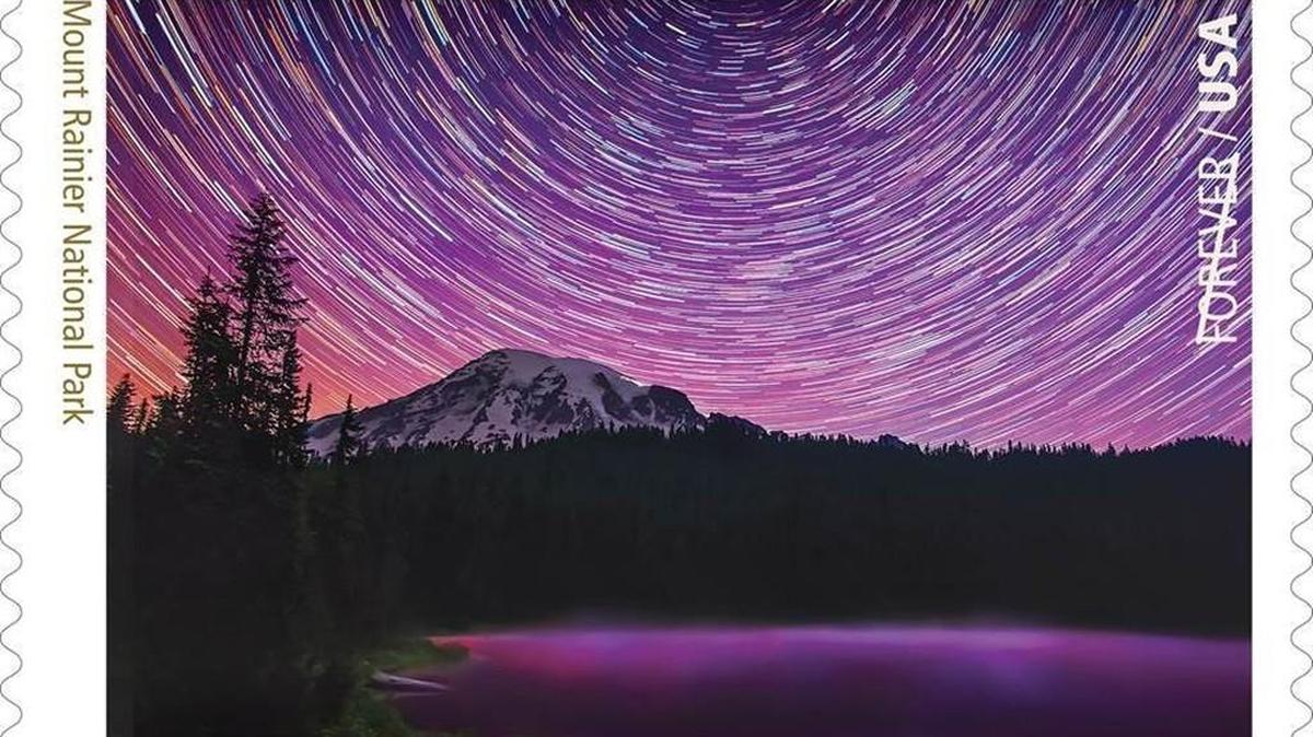 This stamp honors Mount Rainier National Park, one of 16 in a series of park stamps being released to celebrate the National Park Service’s centennial.