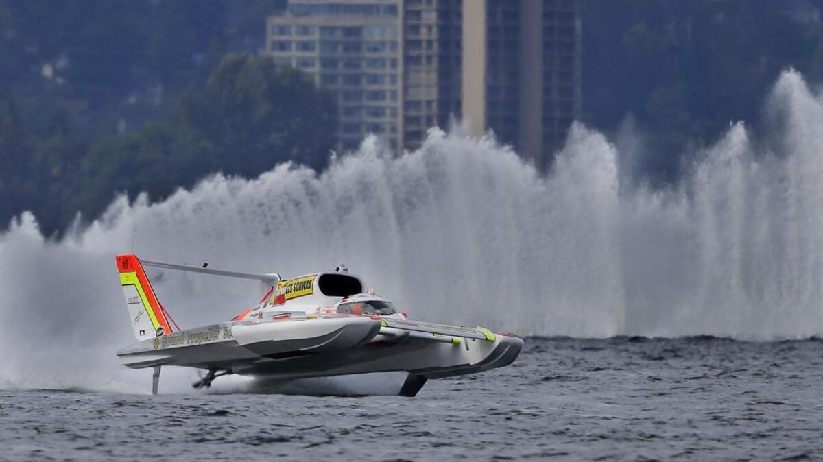 Andrew Tate, piloting the Sound Propeller/Les Schwab boat, gets some air as he runs to a first-place finish in the H1 Unlimited Albert Lee Appliance Cup at Seafair in Seattle.