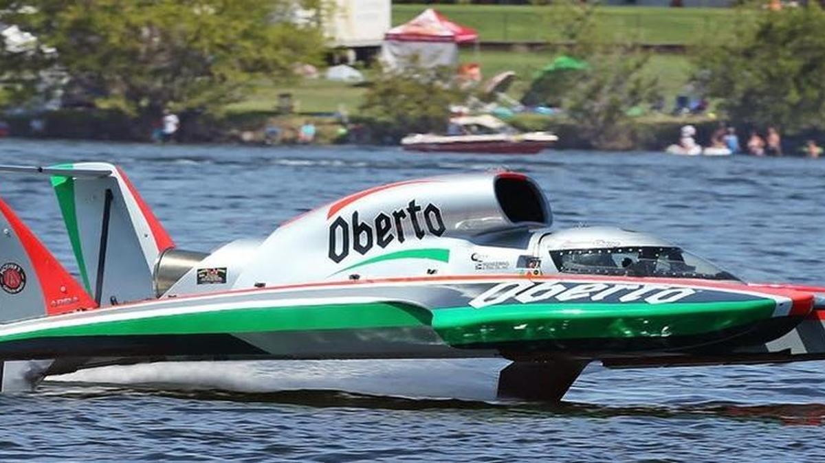 
The  Oberto turbine-powered hydroplane races during qualifying action Friday on Lake Washington. The boat qualified in second place with a top speed of 148.880.
